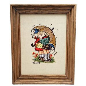 VTG HUMMEL‎ Stormy Weather Crewel Embroidered Framed Art Boy Girl Rain Umbrella